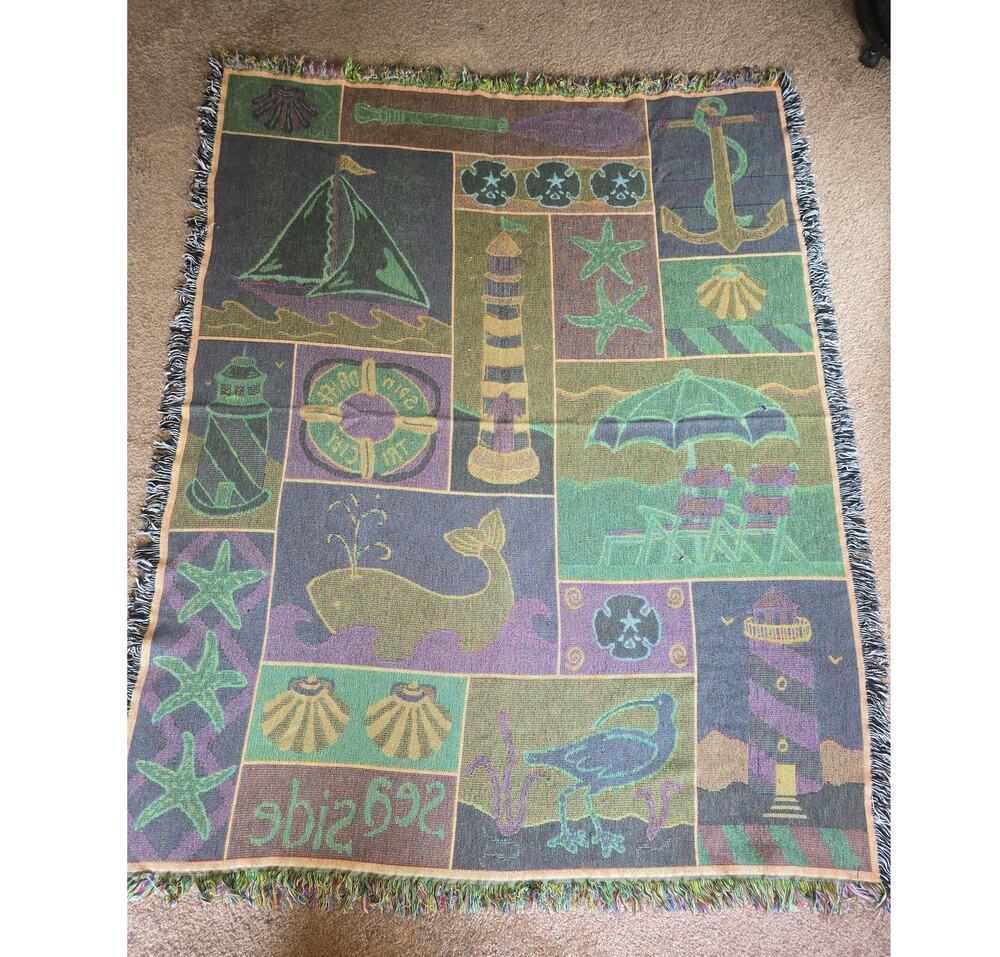 Vintage 90s Woven Tapestry Throw Blanket Coastal Nautical Lighthouse Whale 53x49